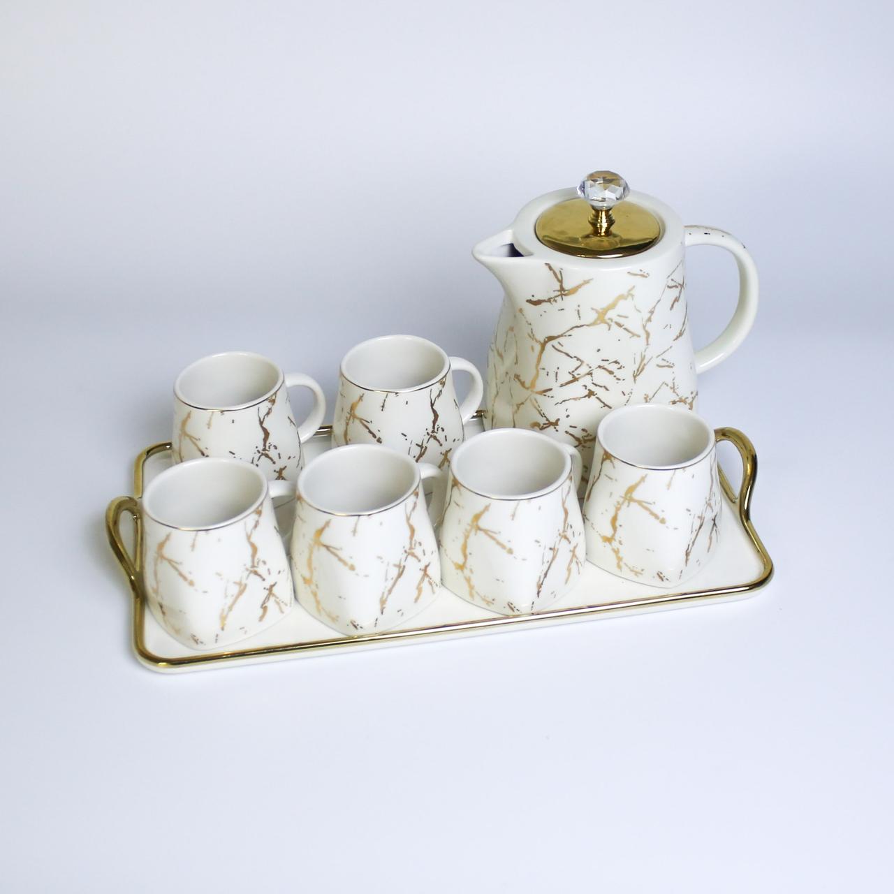 Elegant 9-Piece Porcelain Coffee Set with Marble Design and Gold Accents