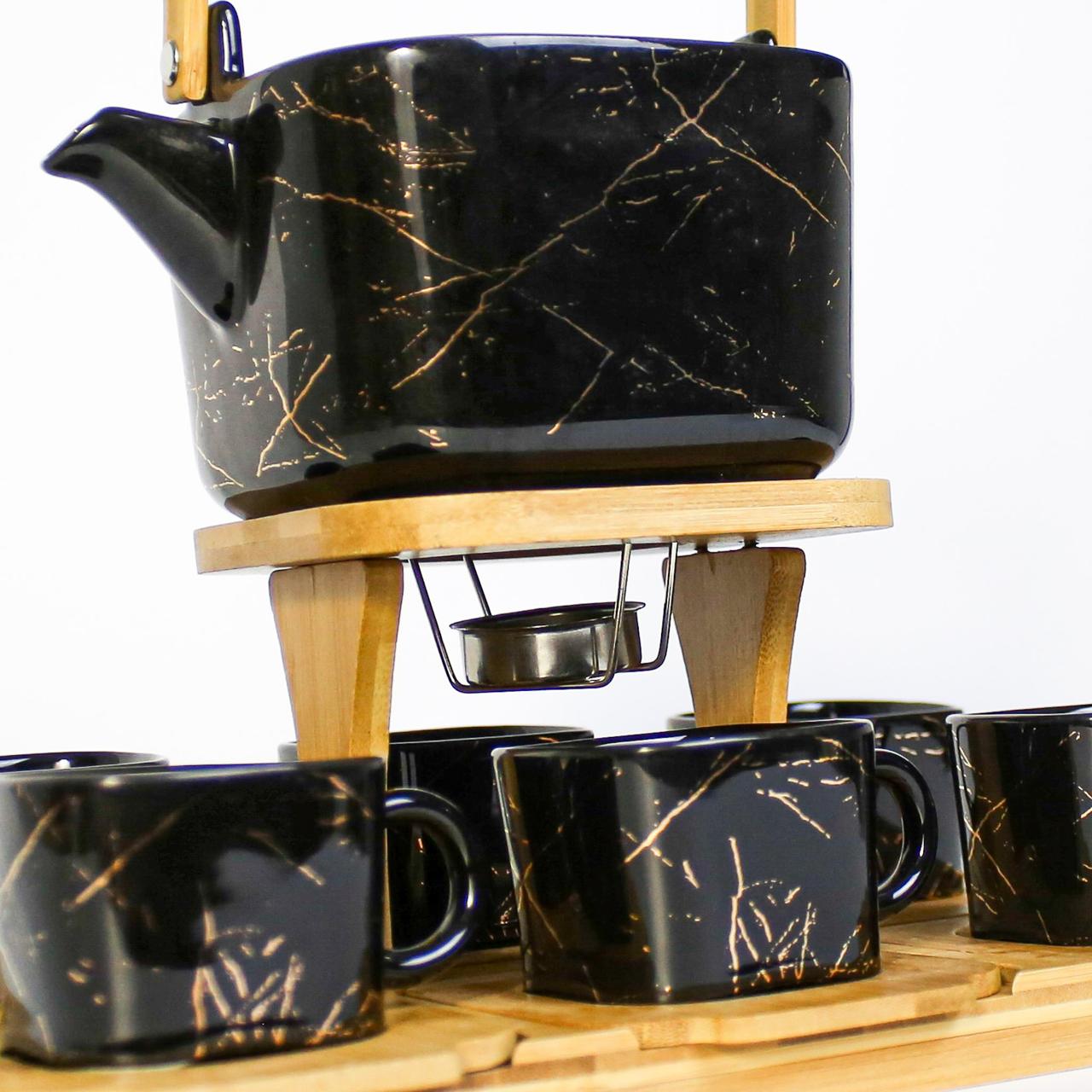 Elegant Black/White Marble Design Ceramic Coffee Set with Wooden Tray