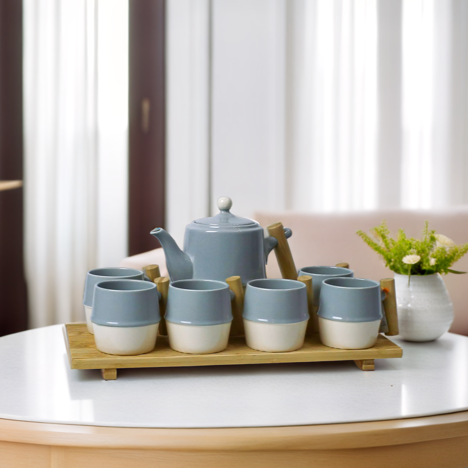 Elegant Premium Coffee Set with Six Cups and Wooden Tray