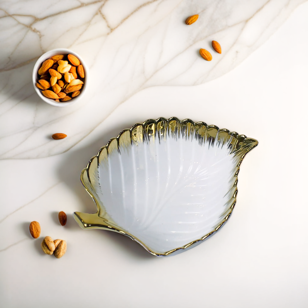 Elegant Leaf-Shaped Serving Platter with Gold Rim