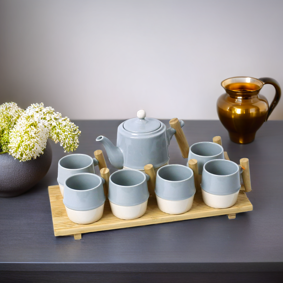 Elegant Premium Coffee Set with Six Cups and Wooden Tray
