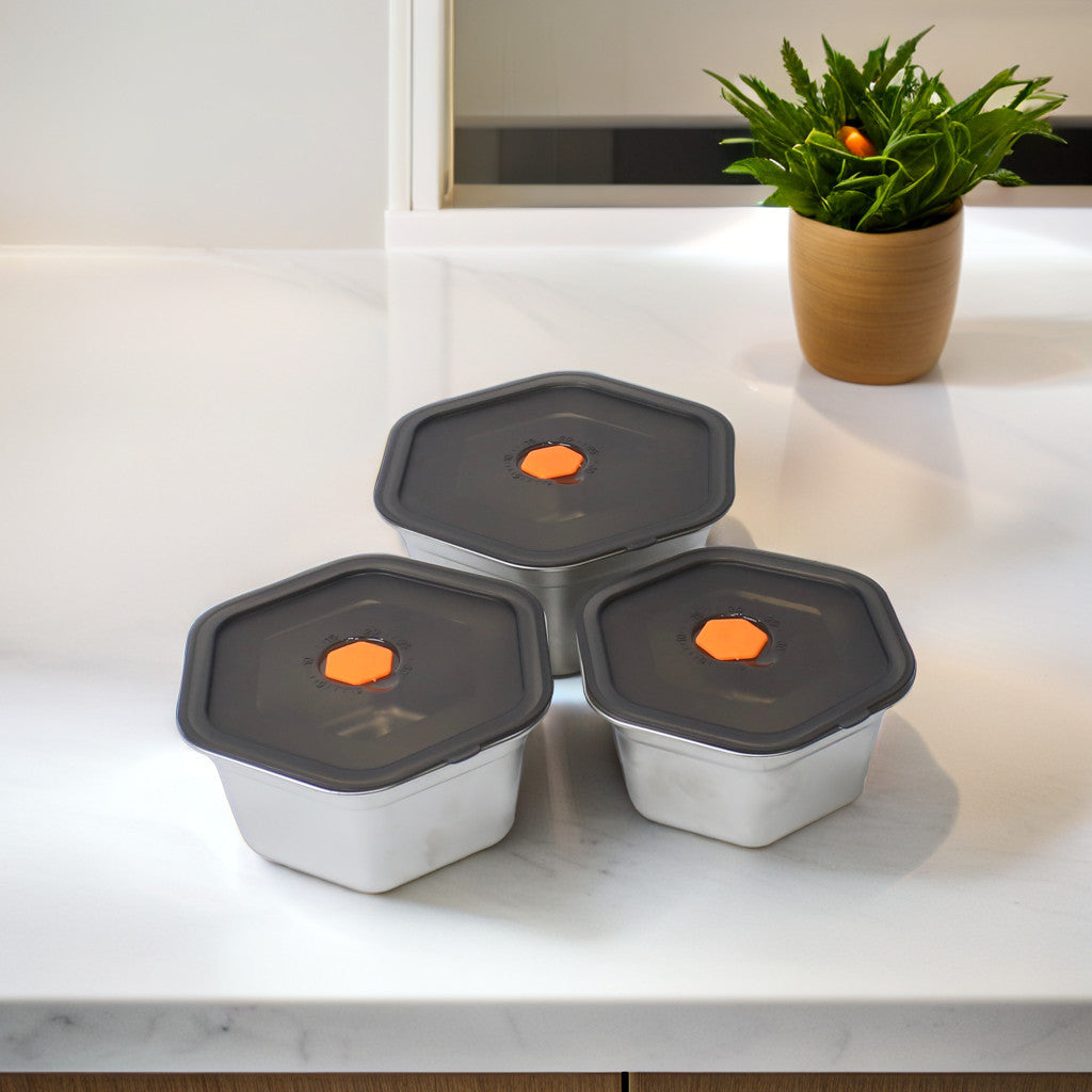 Hexagonal 3- Piece Stainless Steel Storage Boxes (1400ML, 2000ML, 2500ML)