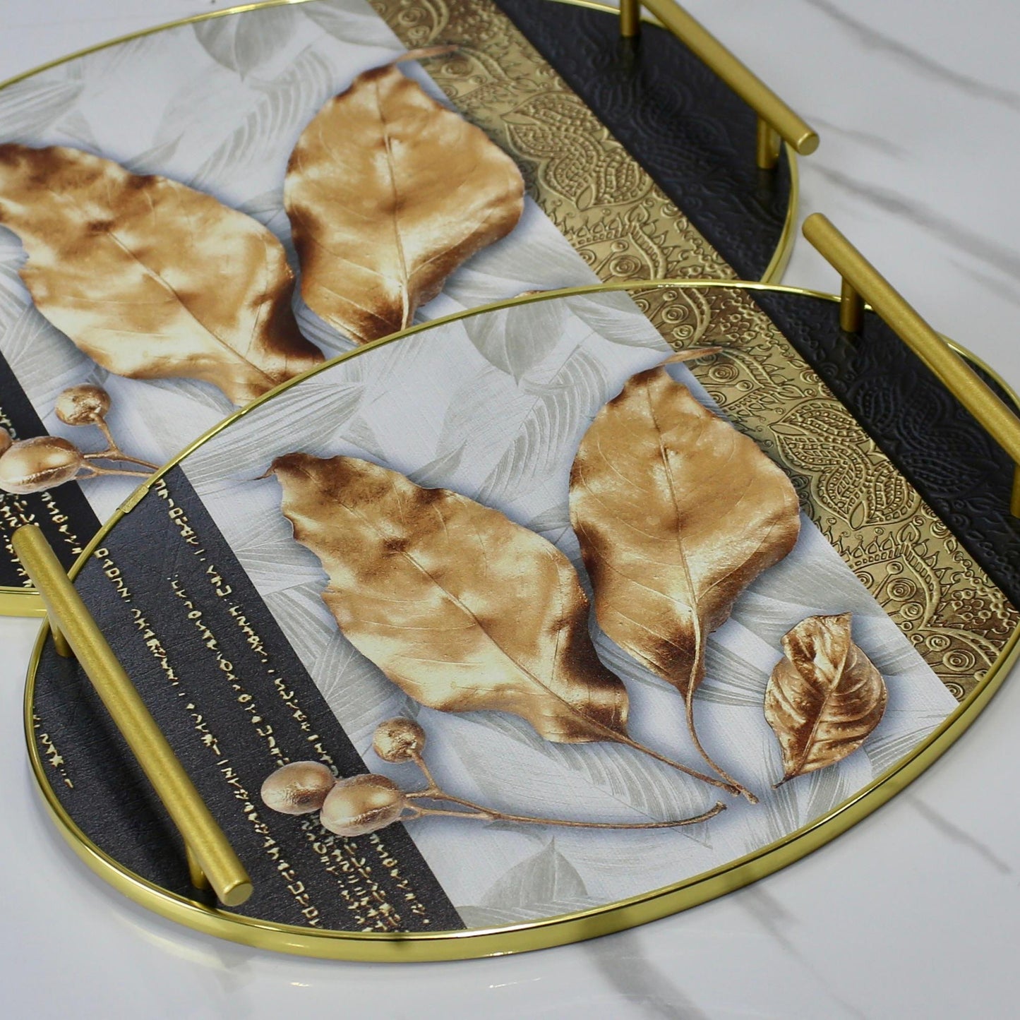 Elegant Oval Shape Wooden Tray Set with Golden Leaf Design - Set of 2