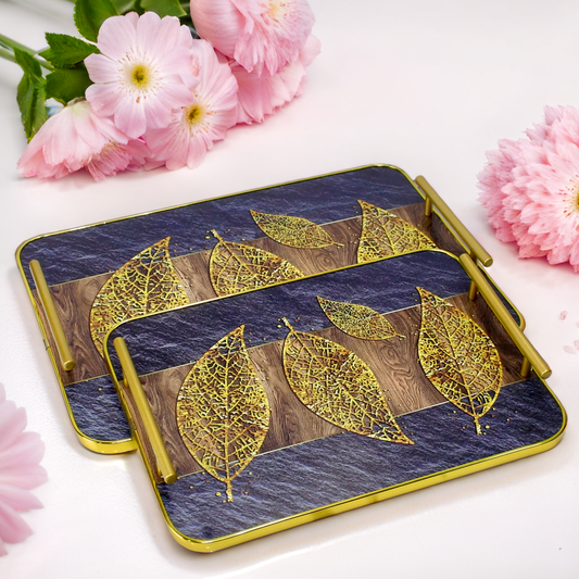 Golden Leaf Design Wooden Tray - Set of 2