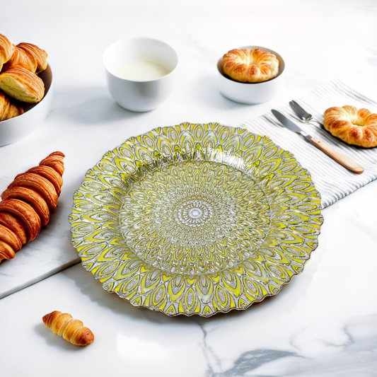 Golden Peacock Design Glass Decoration Plate - 13 inches