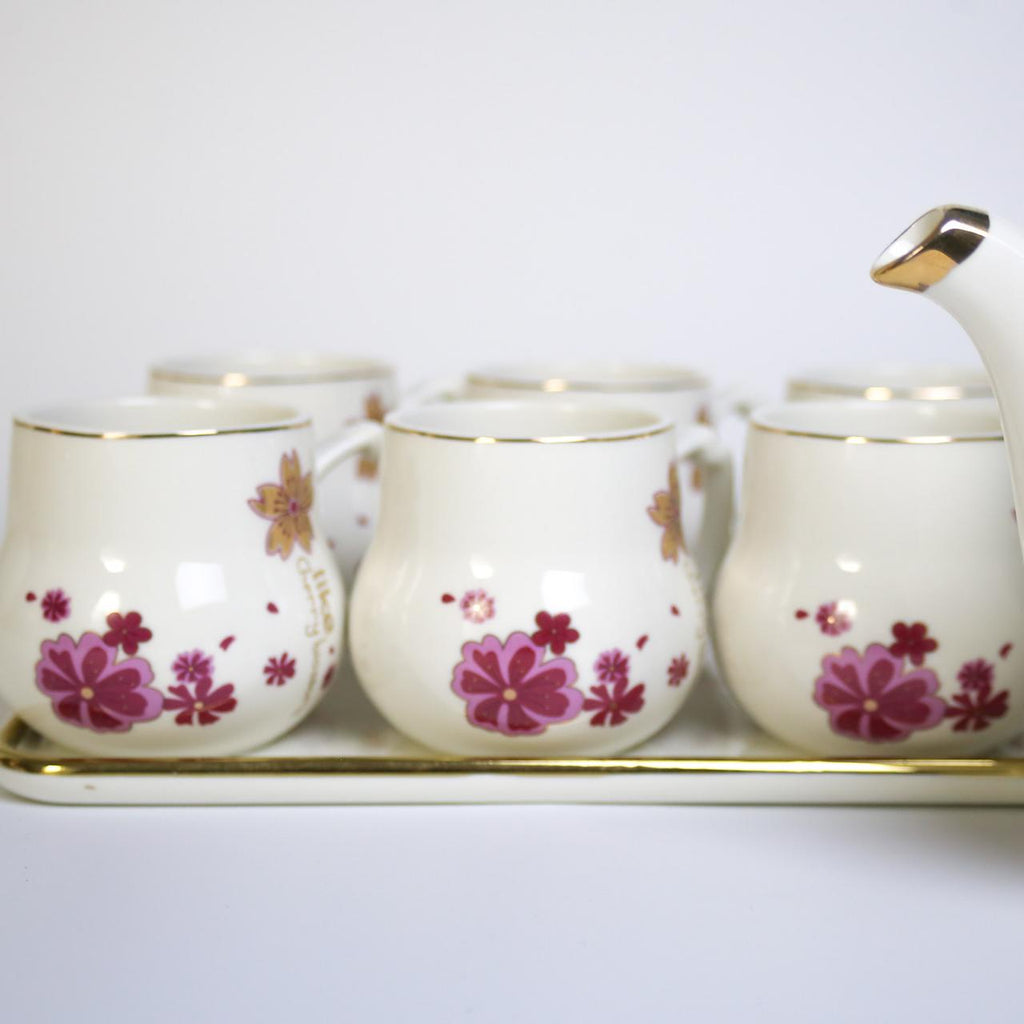 Floral Delight: 9-Piece Porcelain Coffee Tea Set with Tray
