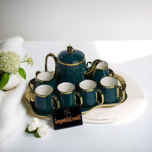 Elegant Porcelain Coffee Set - 9 Piece Coffeepot and Cups with Gold Accent