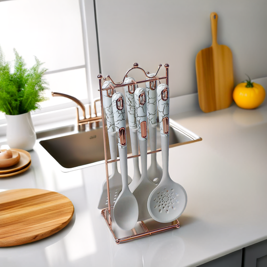 Elegant White/Black Marble Effect Silicone Kitchen Utensil Set - 7 Pieces