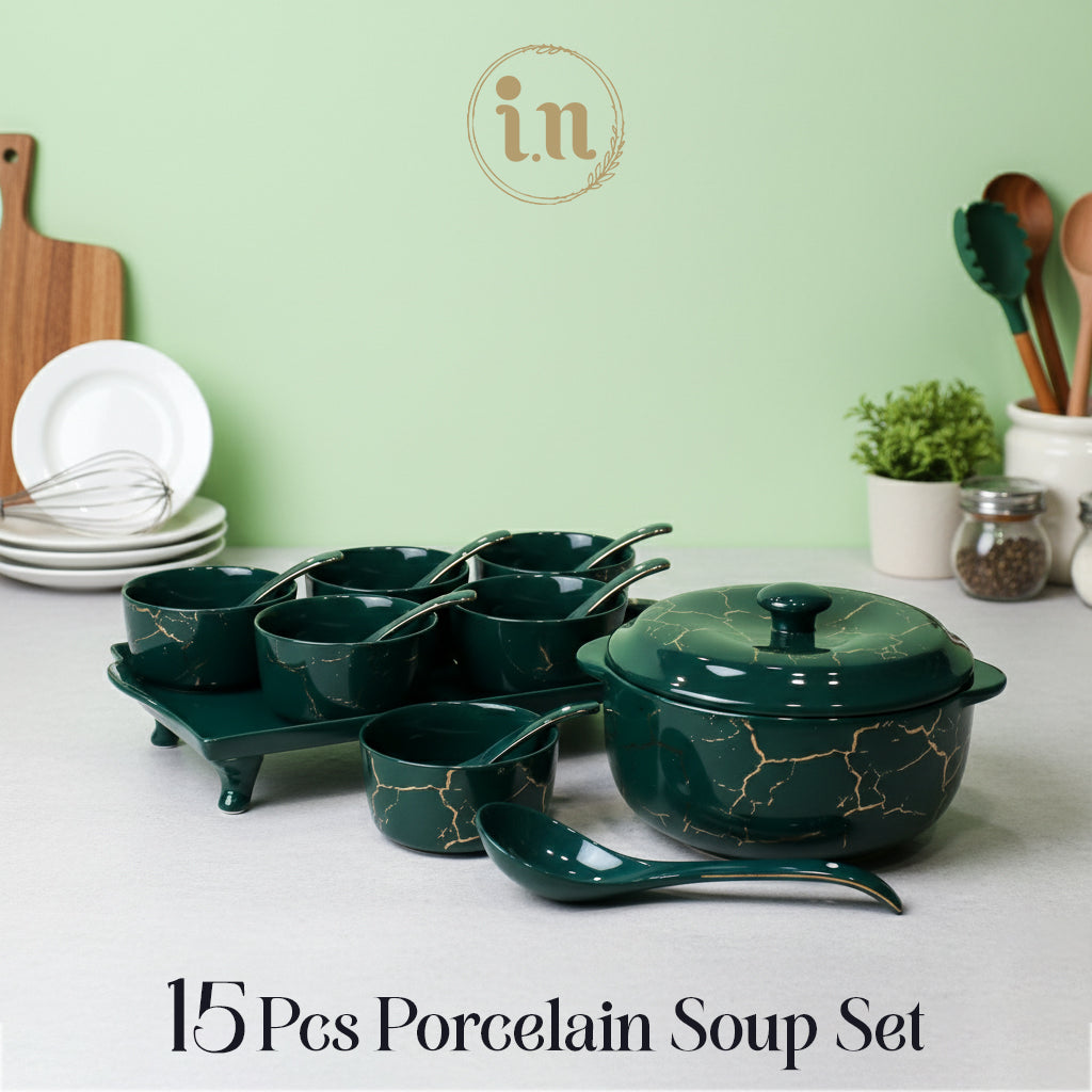 15-Piece Emerald Green Marble Soup Set with Gold Detailing