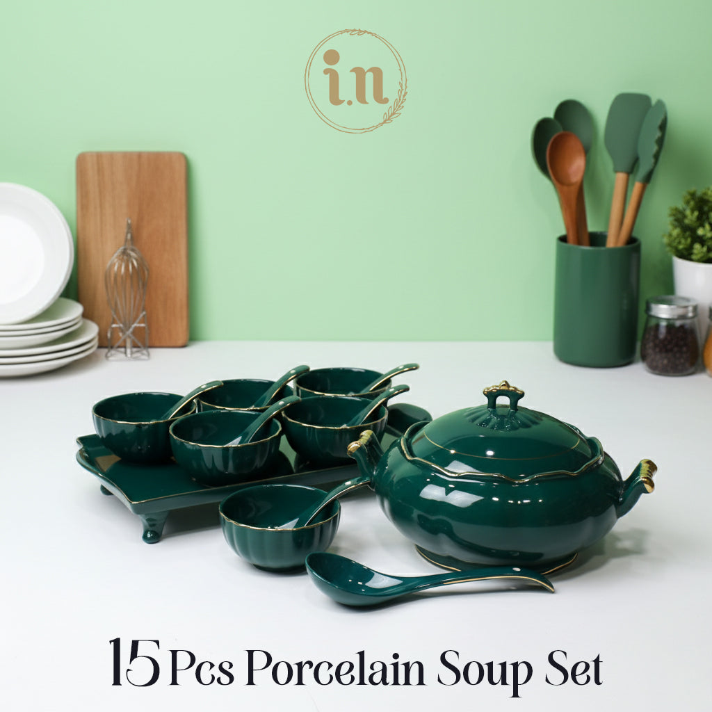 15-Piece Emerald Green Scalloped Soup Set with Gold Trim