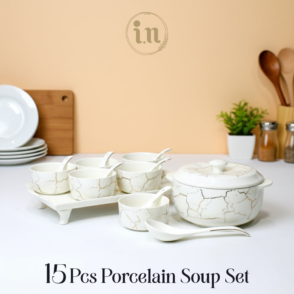 15-Piece White Marble Soup Set with Gold Detailing