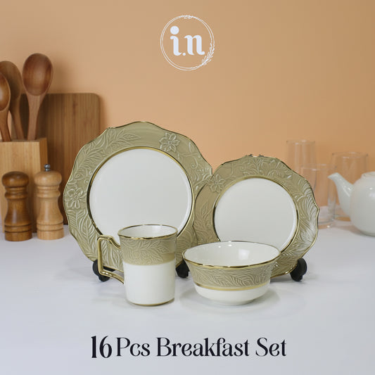 16-Piece Breakfast Dinnerware Set with Floral Border - Service for 4 | Sage Green & White Porcelain