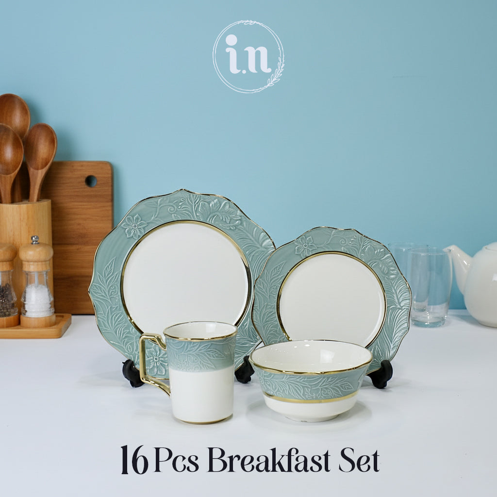 16-Piece Breakfast Dinnerware Set - Embossed Floral Design with Gold Trim | Complete Service for 4 | Multiple Colors Available