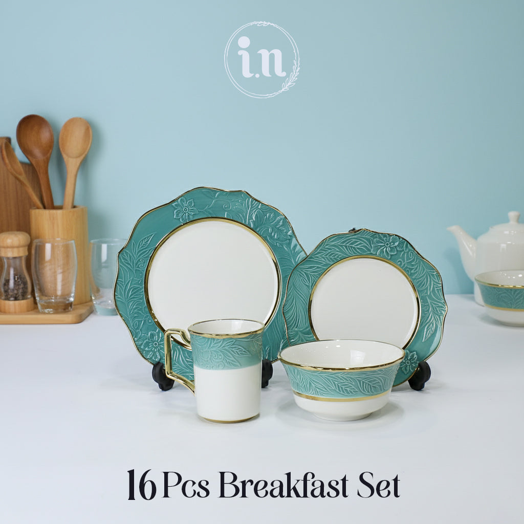16-Piece Breakfast Dinnerware Set - Embossed Floral Design with Gold Trim | Complete Service for 4 | Multiple Colors Available