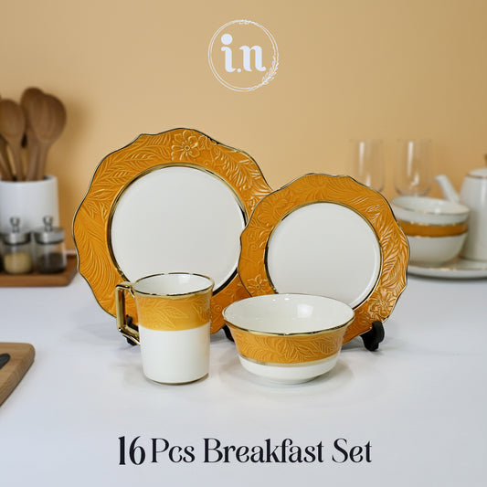 16-Piece Breakfast Dinnerware Set - Embossed Floral Design with Gold Trim | Complete Service for 4 | Multiple Colors Available