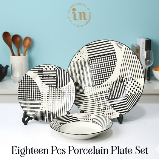 18 Pcs Monochrome Geometric Porcelain Plate Set