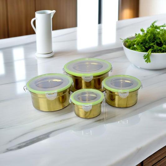 Golden Stainless Steel Food Storage Bowl Set with Airtight Lids - 4 Piece Set (10/13/15/18 CM)