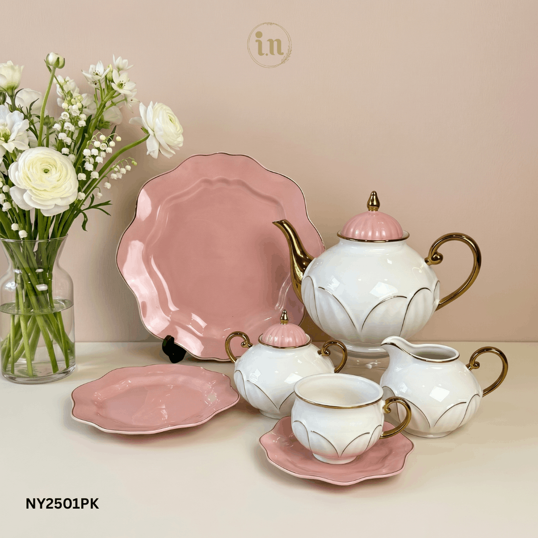 Luxury 24-Piece Bone China Tea Set – Blush Pink & White with Gold Accents
