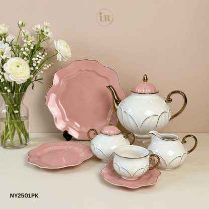 Luxury 24-Piece Bone China Tea Set – Blush Pink & White with Gold Accents
