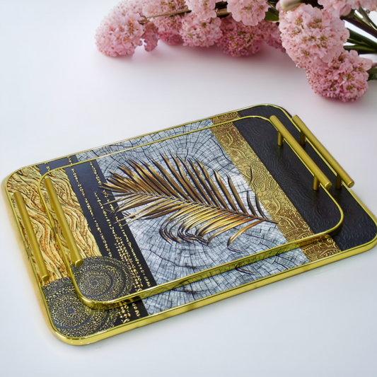Luxury Wooden Tray Set - 2-Piece Decorative Serving Trays with Golden Leaf Design