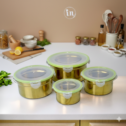 Golden Stainless Steel Food Storage Bowl Set with Airtight Lids - 4 Piece Set (10/13/15/18 CM)