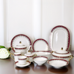 Luxurious 61-Piece Dinner Set with Rich Gold and Burgundy Accents