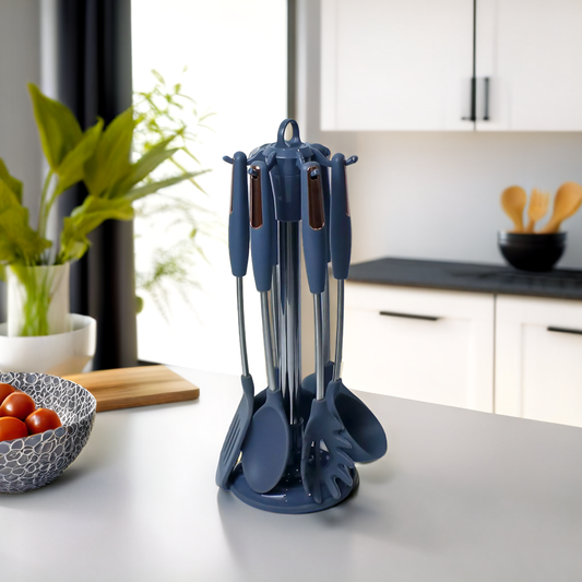 Premium Dark Slate Blue/Sea Green  Silicone Kitchen Utensil Set with Rotating Stand - 7 Pieces