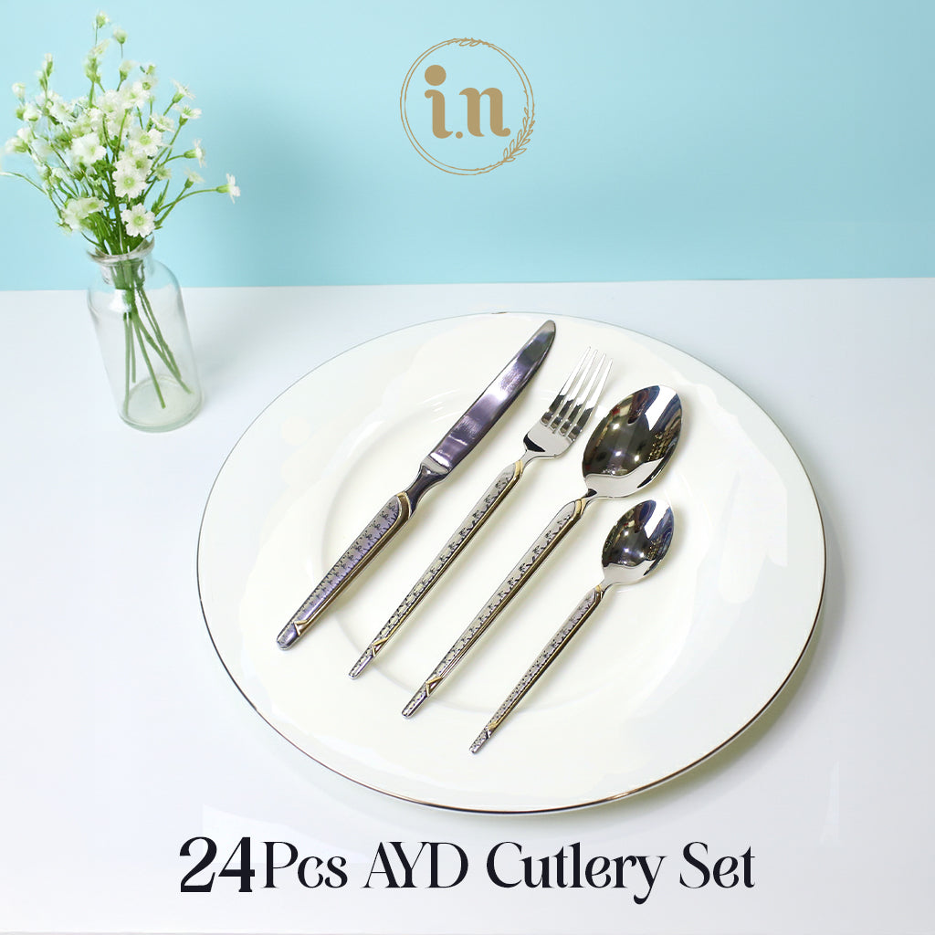 24 Pcs Silver Cutlery Set with Gold Detailing
