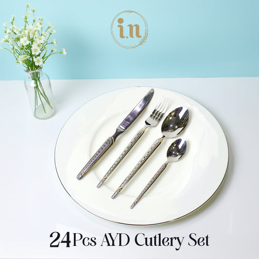 24 Pcs Silver Cutlery Set with Gold Detailing
