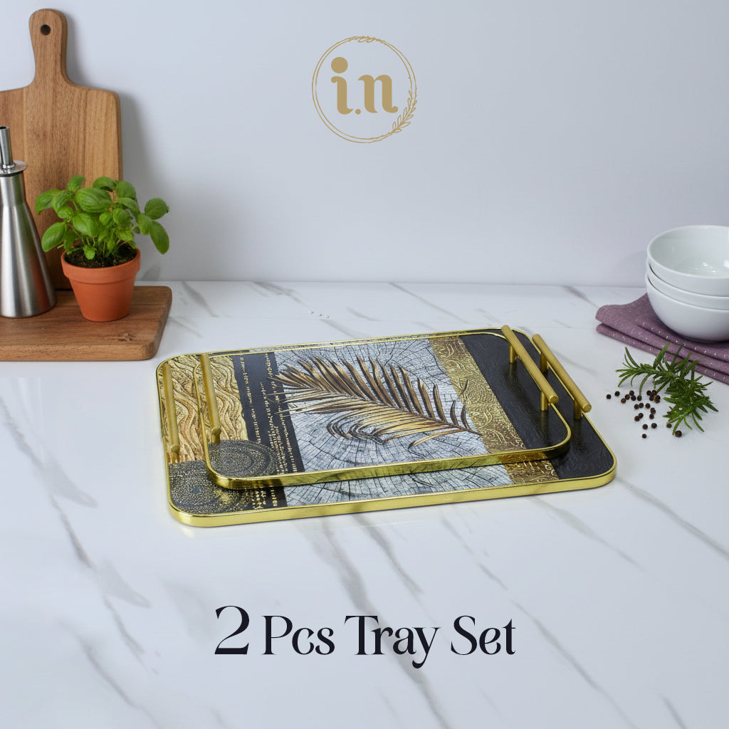 Luxury Wooden Tray Set - 2-Piece Decorative Serving Trays with Golden Leaf Design