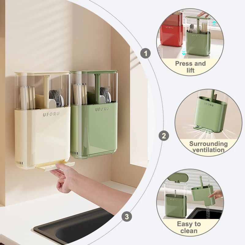 Wall Mounted Cutlery Organizer with Drainage | Dustproof Spoon, Fork & Chopsticks Storage Box