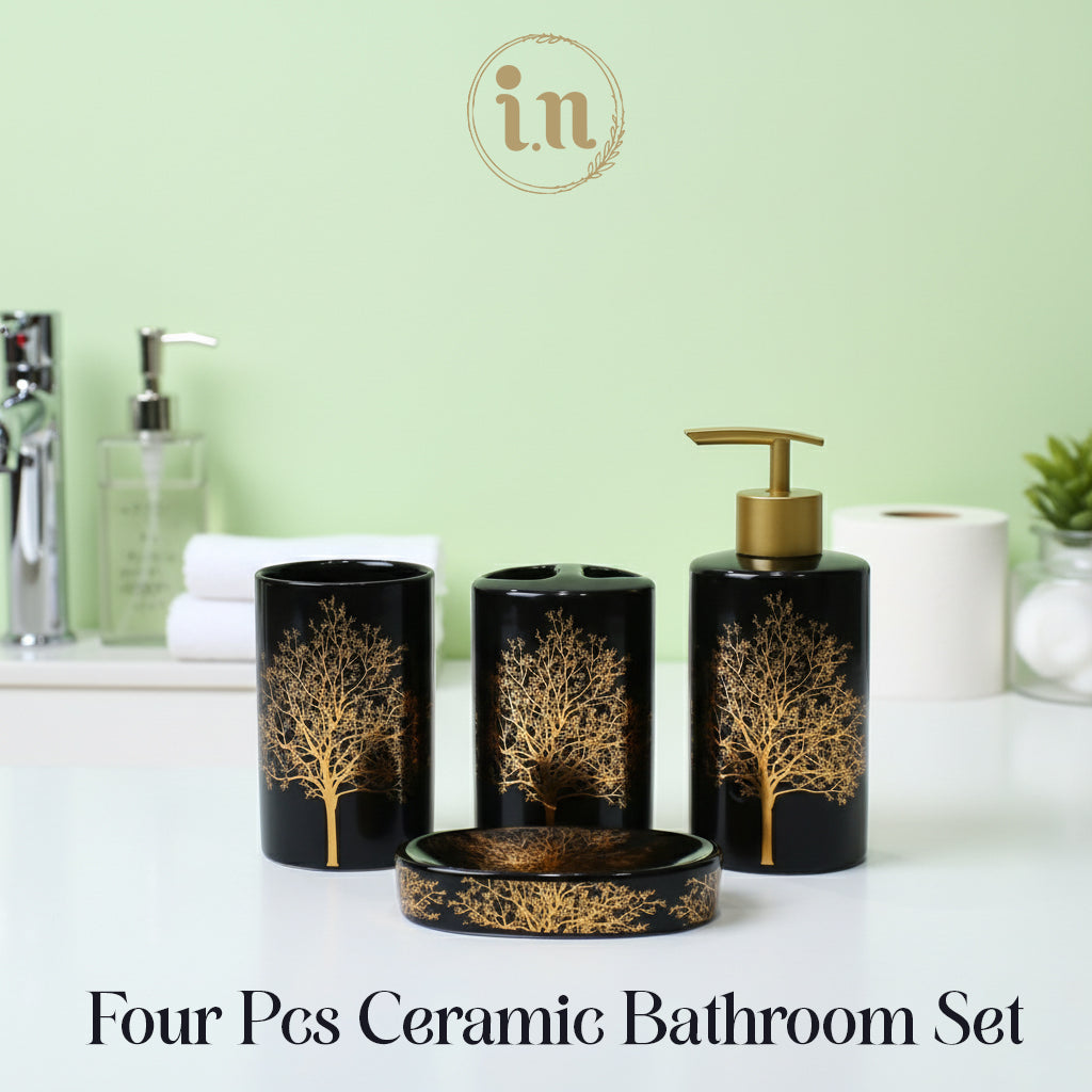 Black/White & Gold Tree Ceramic Bathroom Set – 4 Pcs Premium Set