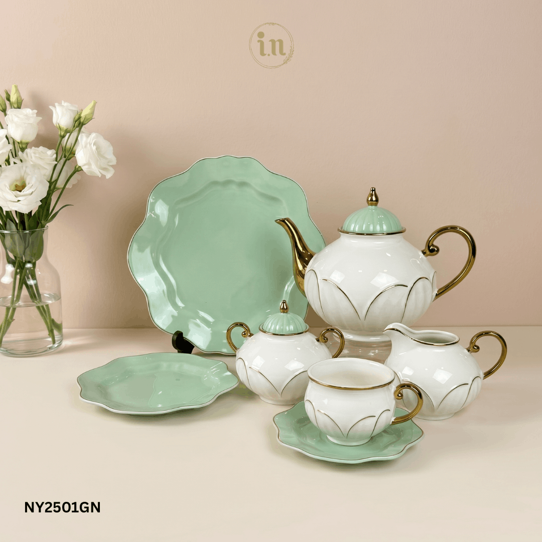 Elegant Mint Green Bone China Tea Set – 24-Piece Complete Tea Serving Set