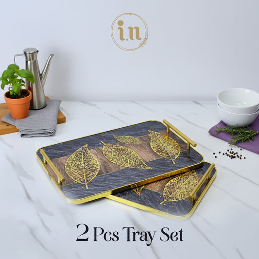 Golden Leaf Design Wooden Tray - Set of 2