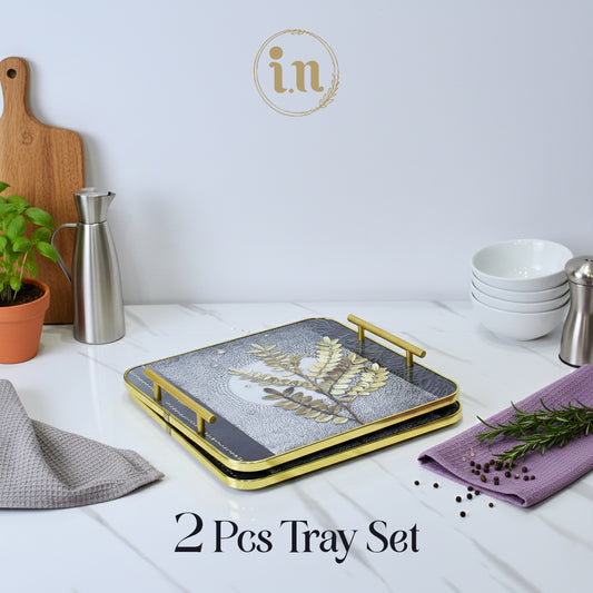 Golden Leaves Design Wooden Tray - Set of 2
