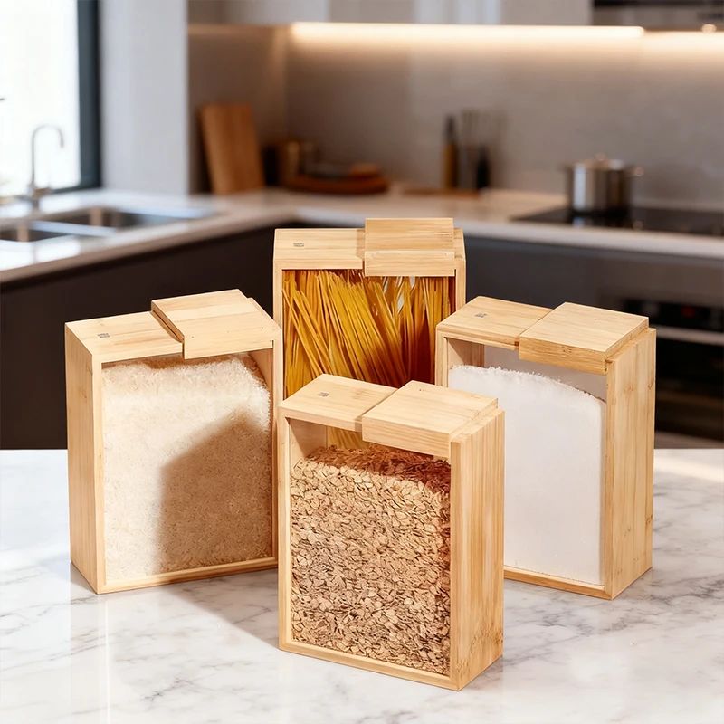 Bamboo Kitchen Storage Containers with Sliding Lid | Dry Food Organizer Jars for Rice, Pasta & Grains