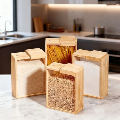 Bamboo Kitchen Storage Containers with Sliding Lid | Dry Food Organizer Jars for Rice, Pasta & Grains