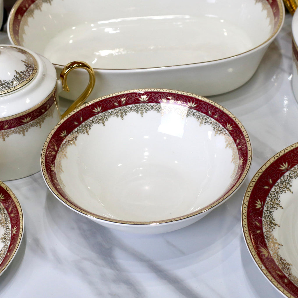 Luxurious 61-Piece Dinner Set with Rich Gold and Burgundy Accents