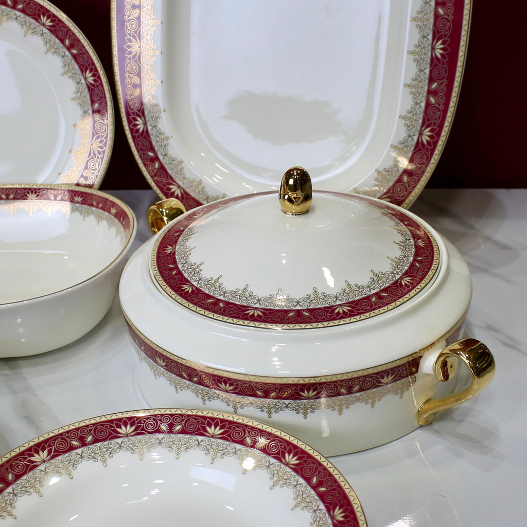 Luxurious 61-Piece Dinner Set with Rich Gold and Burgundy Accents