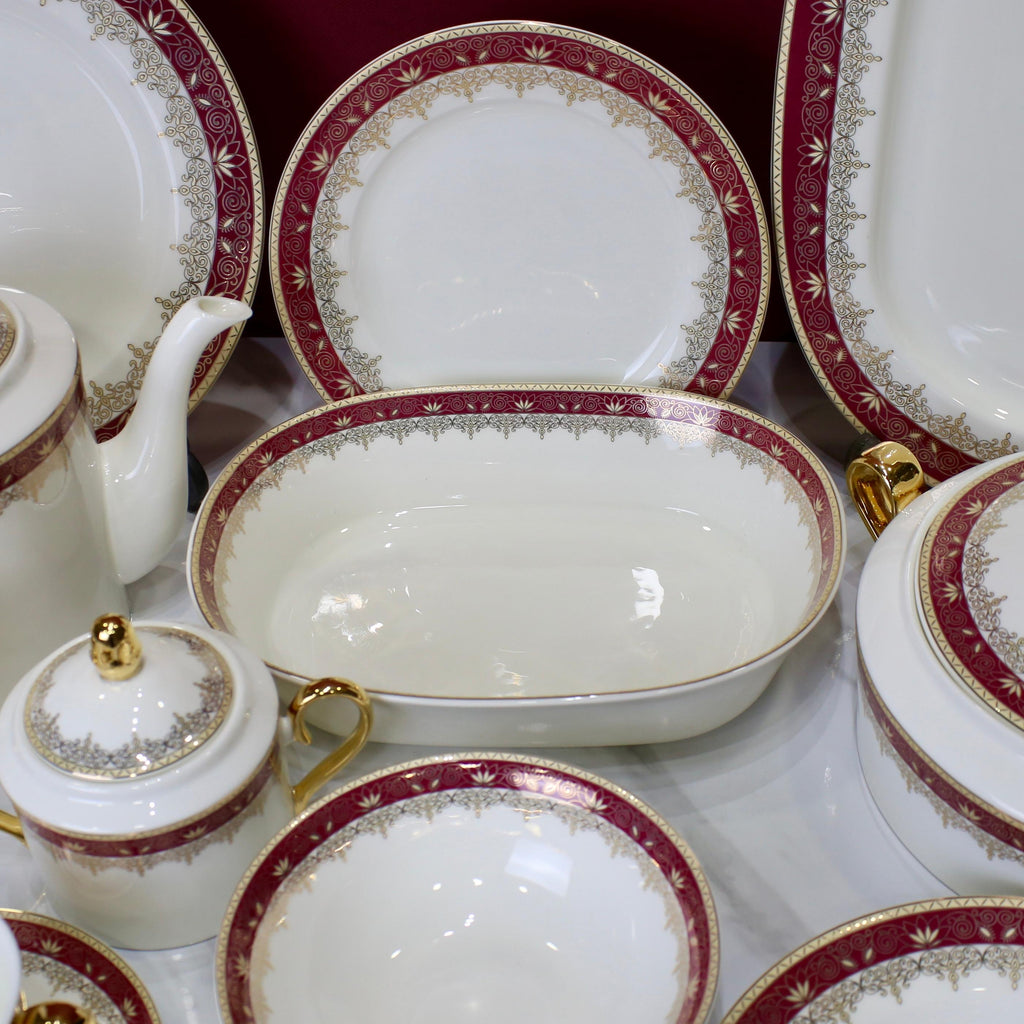Luxurious 61-Piece Dinner Set with Rich Gold and Burgundy Accents