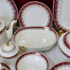 Luxurious 61-Piece Dinner Set with Rich Gold and Burgundy Accents