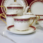 Luxurious 61-Piece Dinner Set with Rich Gold and Burgundy Accents