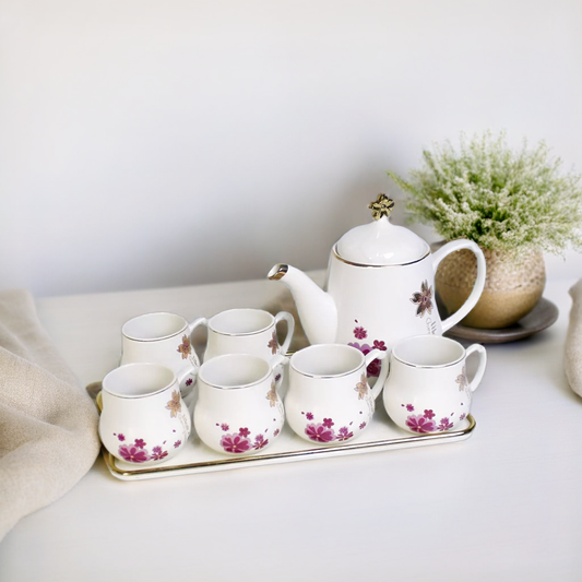 Floral Delight: 9-Piece Porcelain Coffee Tea Set with Tray