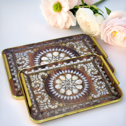 Elegant 2-Piece Wooden Tray Set with Intricate Inlay Work