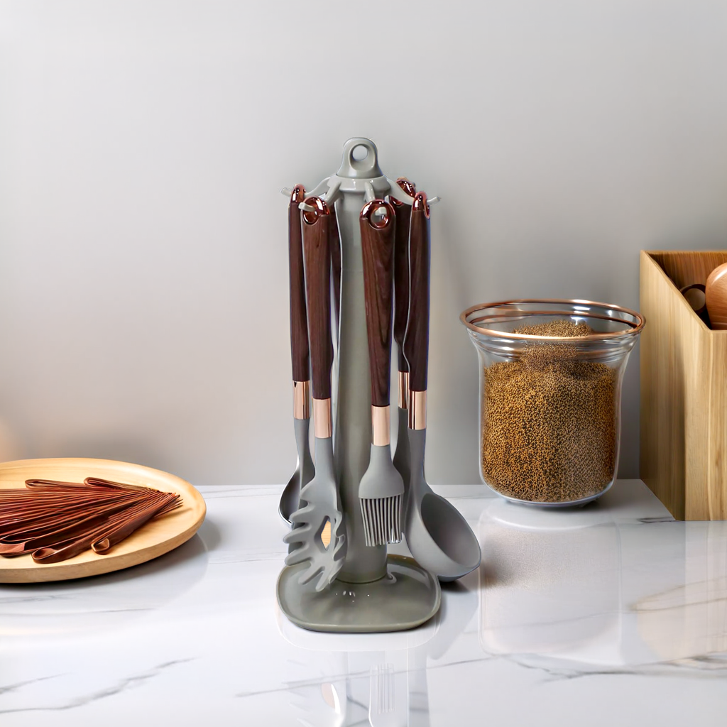 Luxurious Silicone Kitchen Utensil Set with Wood and Rose Gold Accents - 7 Piece