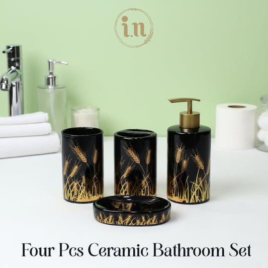 Black/White & Gold Leaves Ceramic Bathroom Set – 4 Pcs Premium Set