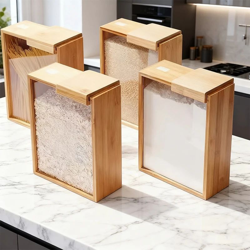 Bamboo Kitchen Storage Containers with Sliding Lid | Dry Food Organizer Jars for Rice, Pasta & Grains