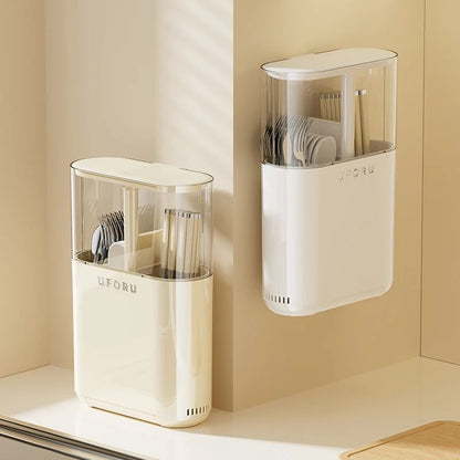 Wall Mounted Cutlery Organizer with Drainage | Dustproof Spoon, Fork & Chopsticks Storage Box