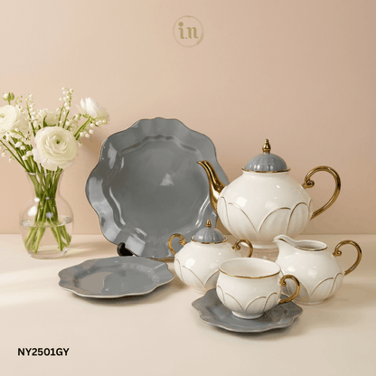 Classic 24-Piece Bone China Tea Set with Gold Rim – Modern Grey & White