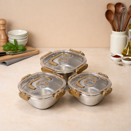 3-Piece Stainless Steel 304 Airtight Storage Boxes (700ML, 1000ML, 1400ML)